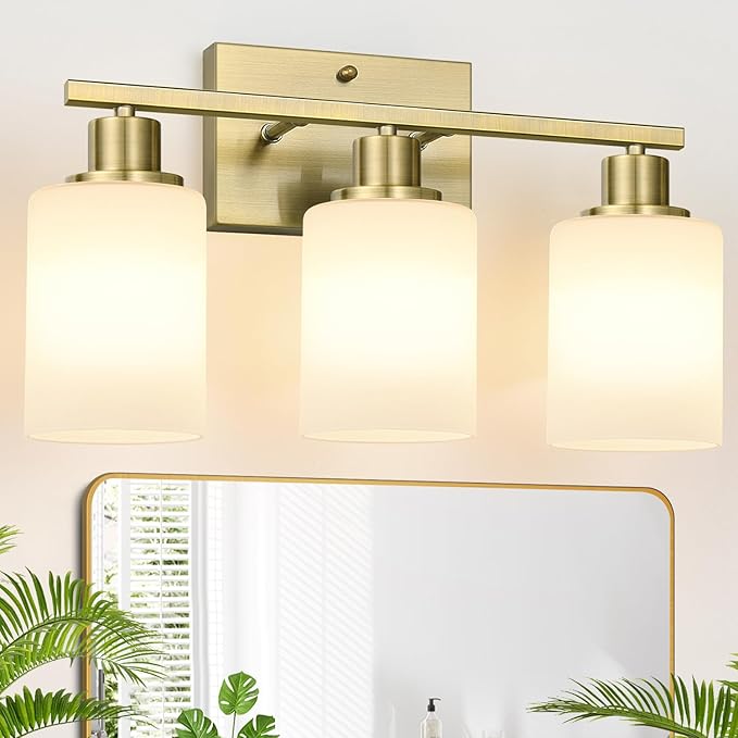 3-Light Bathroom Light Fixtures, Brass Vanity Light with Milky White Shades, Bathroom Lighting Fixtures Over Mirror, Modern Bathroom Wall Lamp for Mirror Living Room Cabinet Bedroom