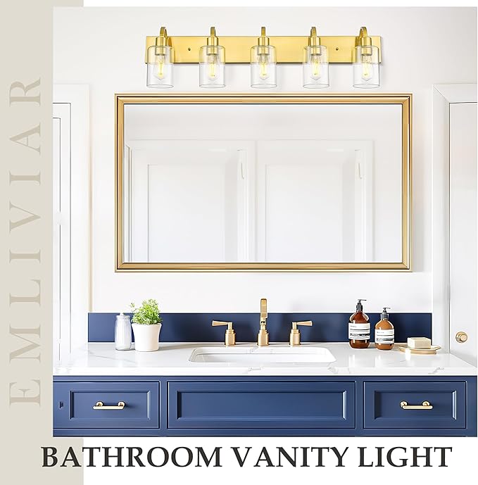 Emliviar 5-Light Vintage Vanity Lighting for Bathroom, 37-Inch Wall Mount Light Fixture with Clear Glass Shade, Brushed Gold Finish, YCE237B-5W BG