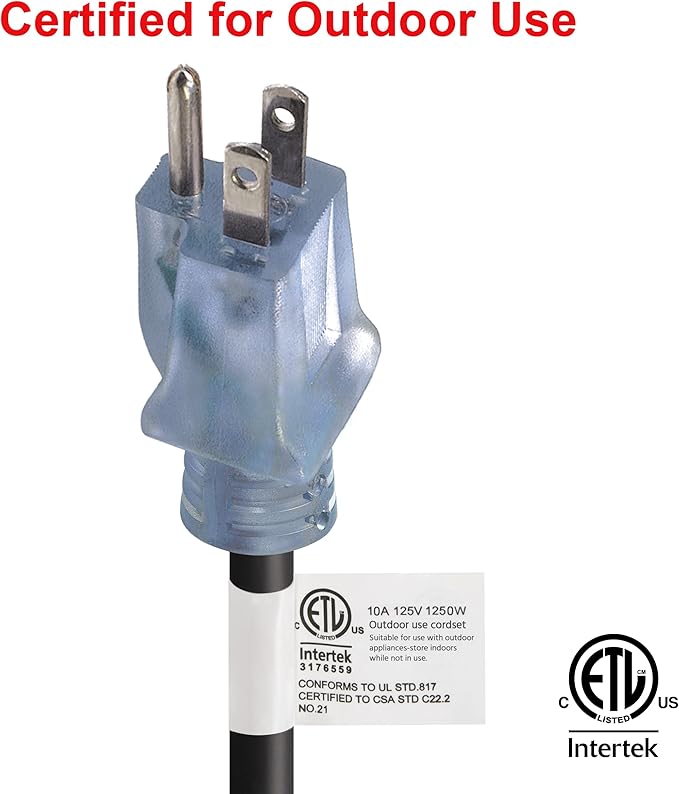 Clear Power 80 ft Outdoor Extension Cord 16/3 SJTW with Lighted Locking Connector, Black, Water & Weather Resistant, Flame Retardant, 3 Prong Grounded Plug, CP10128