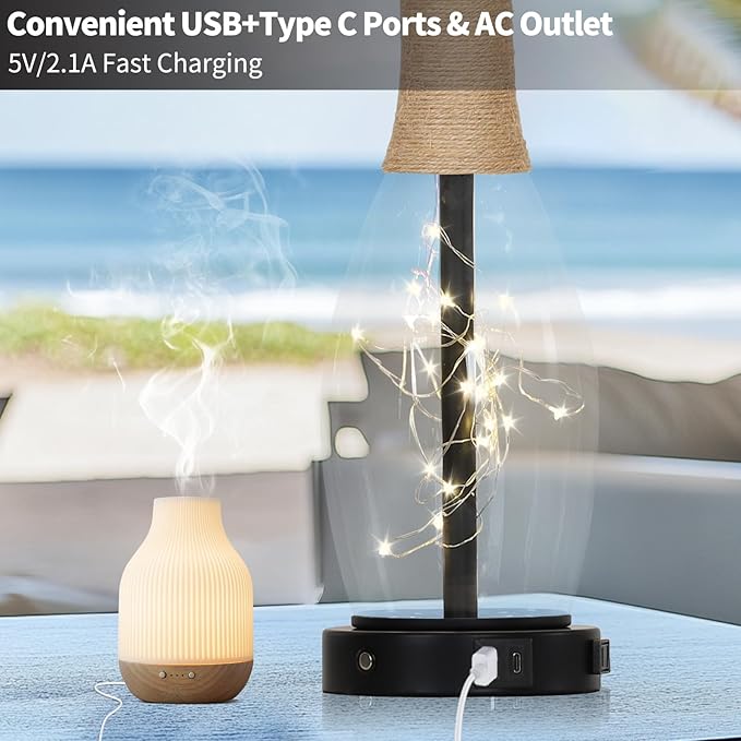 28" Tall Coastal Table Lamps Set of 2, Glass Black Modern Table Lamps with 3-Way Dimmable Touch Control Fairy Lights & Type-C Charging, Beach Nautical Bedside Lamps for Living Room Bedrooms End Table