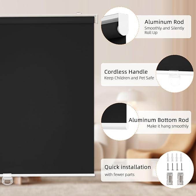 ChrisDowa Cordless Blackout Roller Shades for Windows, Thermal Insulated UV Protection Pull Down Shades, Total Blackout Window Blinds for Home, Office, Bedroom, Door (27" W x 72" H, Black)