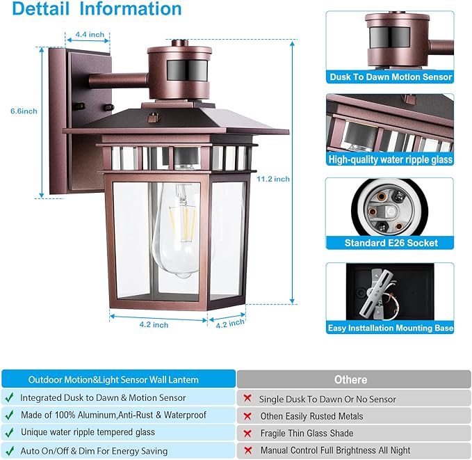 HIFEEEN 2-Pack Outdoor Wall-Mounted Motion Sensor Light with Dusk to Dawn Function, Waterproof Anti-Rust Aluminum Exterior Bronze Porch Lighting Fixture for Front Door, Garage, and Entrance Wall