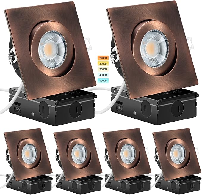 Bronze Recessed Lights Square 4 inch 6 Pack, Gimbal Gimbal Recessed Lights,dimmable, 5CCT Selectable,9W 750LM