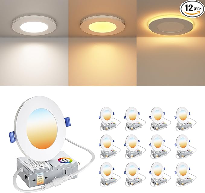 12 Pack 4 Inch LED Recessed Ceiling Light with Night Light| 5CCT Dimmable 2700K-5000K| RA90 750LM 9W 120V| Ultra-Thin High Brightness Canless Wafer Downlight with Junction Box| IC ETL FCC