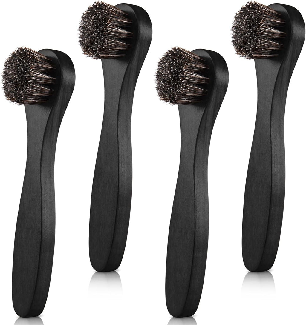 4 Pcs Horsehair Shine Shoes Brush Kit Polish Dauber Applicators Cleaning Leather Shoes Boots Care Brushes Suede Cleaner Brush with Microfiber Shoe Cloth(Black Handle A)
