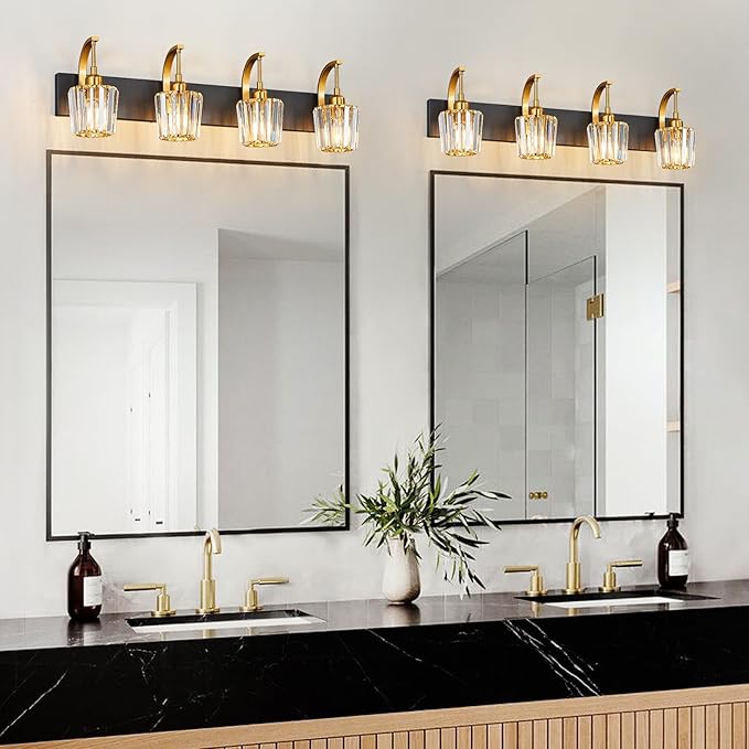 Modern Bathroom Vanity Light, 4-Light Black Gold Wall Sconce with Crystal Accents, Over Mirror Bathroom Lighting Fixture, 32.67" Long Dimmable Vanity Lamp for Makeup, Easy Installation