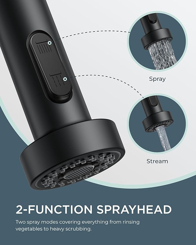 FORIOUS Kitchen Faucet with Soap Dispenser, Stainless Steel Spring Sink Faucet with Pull Down Sprayer Transitional Single Handle for Pot Filler, Farmhouse Camper Bar Laundry Room, Black Brushed