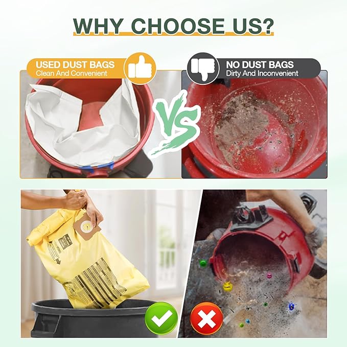 10PCS 10-14 Gallon Vacuum Bags for Shop Vac Bags, Disposable Wet Dry Vaccum Collection Bags Replace Part Type I #90672 9067200, Type F #90662 9066200 9066233, VF2005 (Yellow)