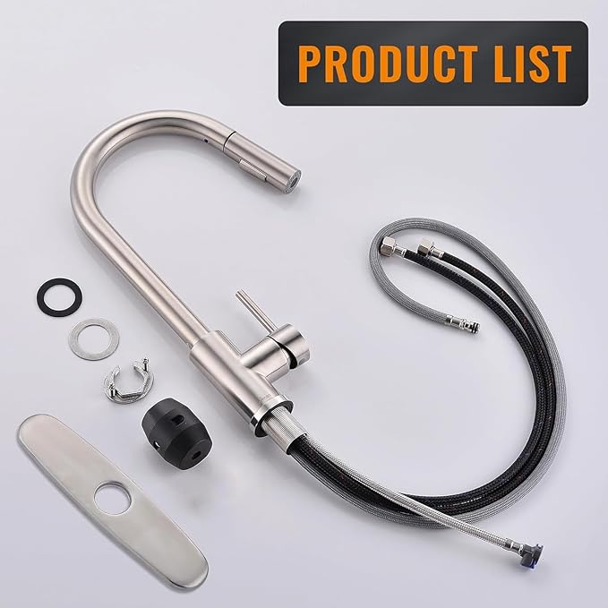 APPASO Kitchen Faucet with Pull Down Brushed Nickel, Single-Handle High Arc Swan-Neck Modern Kitchen Sink Faucet with Optional Deck Plate Stainless Steel