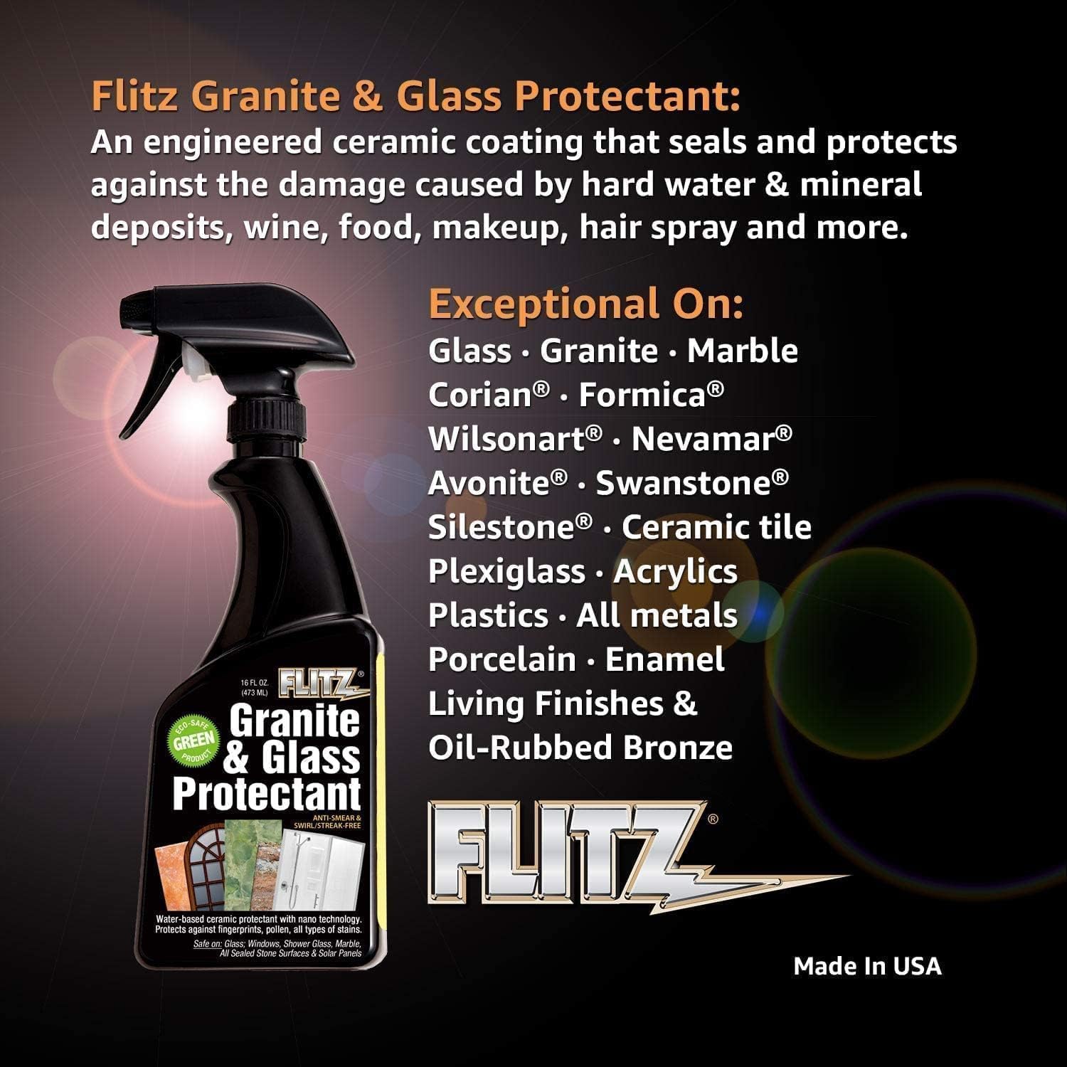 Flitz Granite & Glass Protectant - 16oz Bottle of USA-Made Granite Sealer and Glass Countertop Protector - Cleans & Prevents Liquid, Stains, & Others - Also Works on Marble & All Metals (3 Pack)