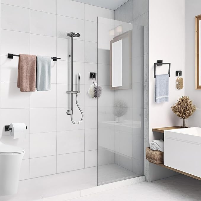 TQKAG 5-Piece Matte Black Bathroom Hardware Set Classic Wall Mounted Bathroom Accessories Set SUS304 Stainless Steel Towel Bar Sets 23.6" Towel Rack for Bathroom Towel Holder Set,Black