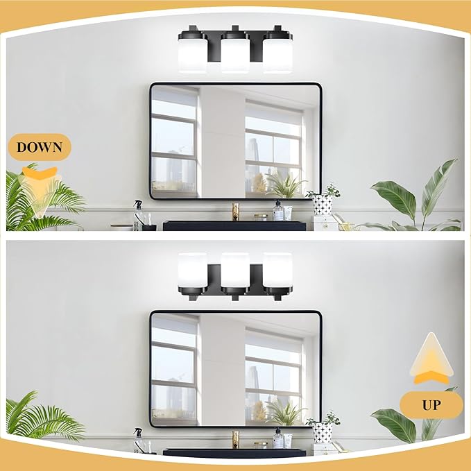 3-Light Black Bathroom Light Fixtures, Vanity Lights for Bathroom Mirror Lamp with Milky White Square Glass Shade, E26 Base Modern Wall Sconce Light Kitchen Light Fixtures Led Vanity