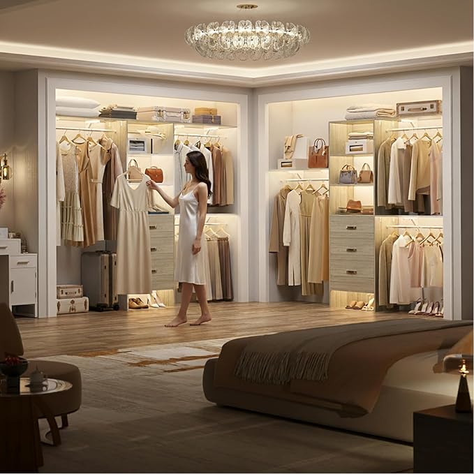 Closet System with Drawer - 8FT Wood Closet Organizer System with 3 Hanging Rods and Shelving Tower, 96" Walk In Closet Organizer Wardrobe, Heavy Duty Garment Rack Clothes Rack, White Oak