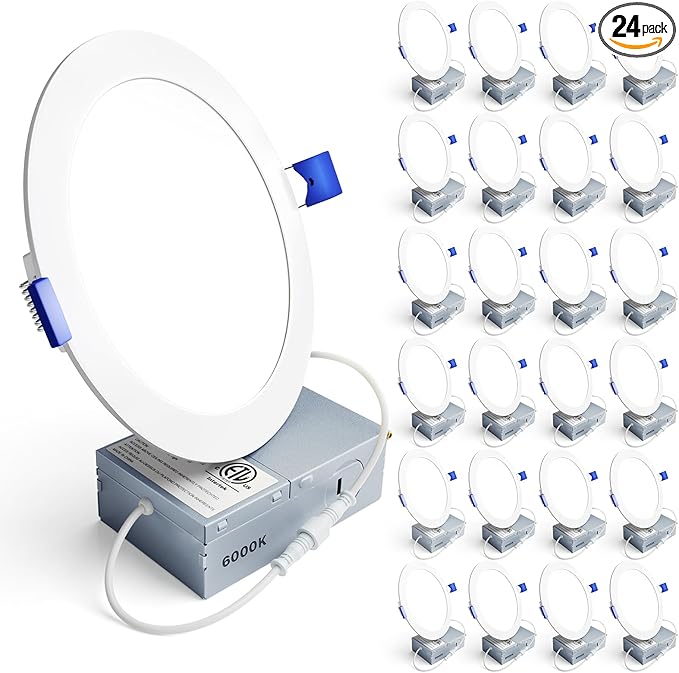 Ensenior 24 Pack 6 Inch LED Recessed Light, Dimmable, 6000K Clear White, 1200LM High Brightness, 12W 120V, Damp Rated, Ultra-Thin Canless Wafer Ceiling Light - ETL & FCC & IC