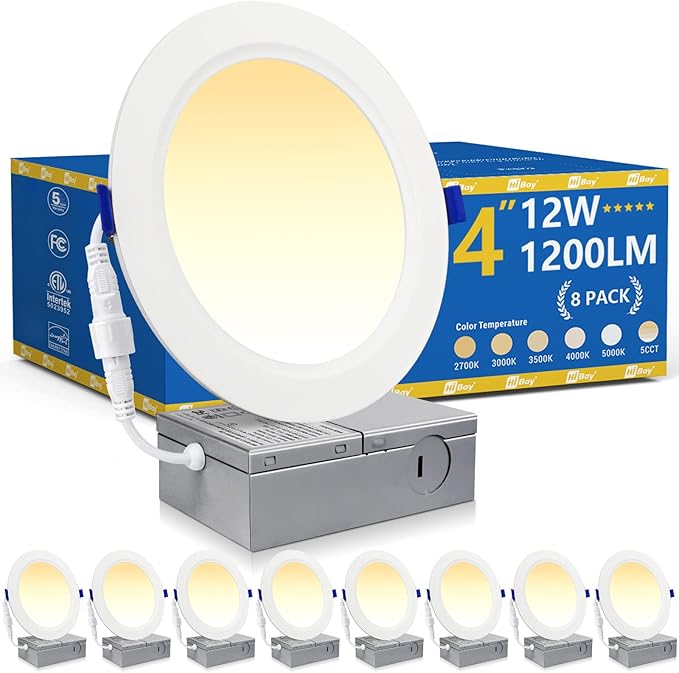 HiBay 8 Pack 4 Inch Ultra-Thin LED Recessed Lighting, 1200lm 12W 150W Eqv, 5000K Daylight Ceiling Canless Light Fixtures, Dimmable Wafer Downlights - ETL and Energy Star Certified