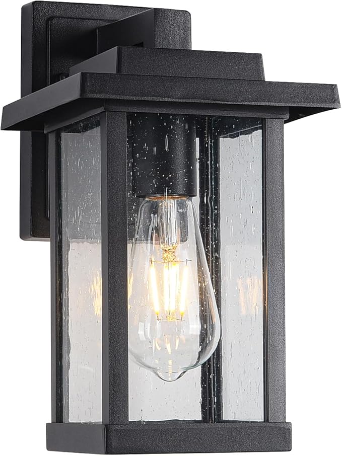 Outdoor Wall Sconce, Outside Porch Light Fixtures, Wall Mount Anti-Rust Exterior Wall Lights in Wood Grain Finish & Black Finish with Seeded Glass for Garage Doorway Entryway