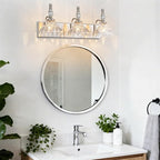 Vintage Bathroom Vanity Light, 3-Light Brushed Nickel Vanity Lighting Fixture with Flower Glass Shade, Bathroom Lighting Fixtures Over Mirror