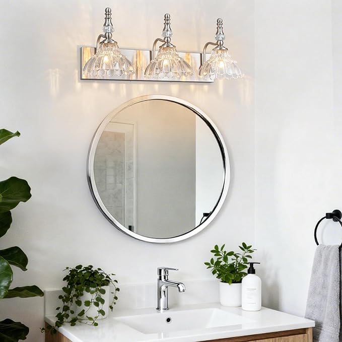 Vintage Bathroom Vanity Light, 3-Light Brushed Nickel Vanity Lighting Fixture with Flower Glass Shade, Bathroom Lighting Fixtures Over Mirror