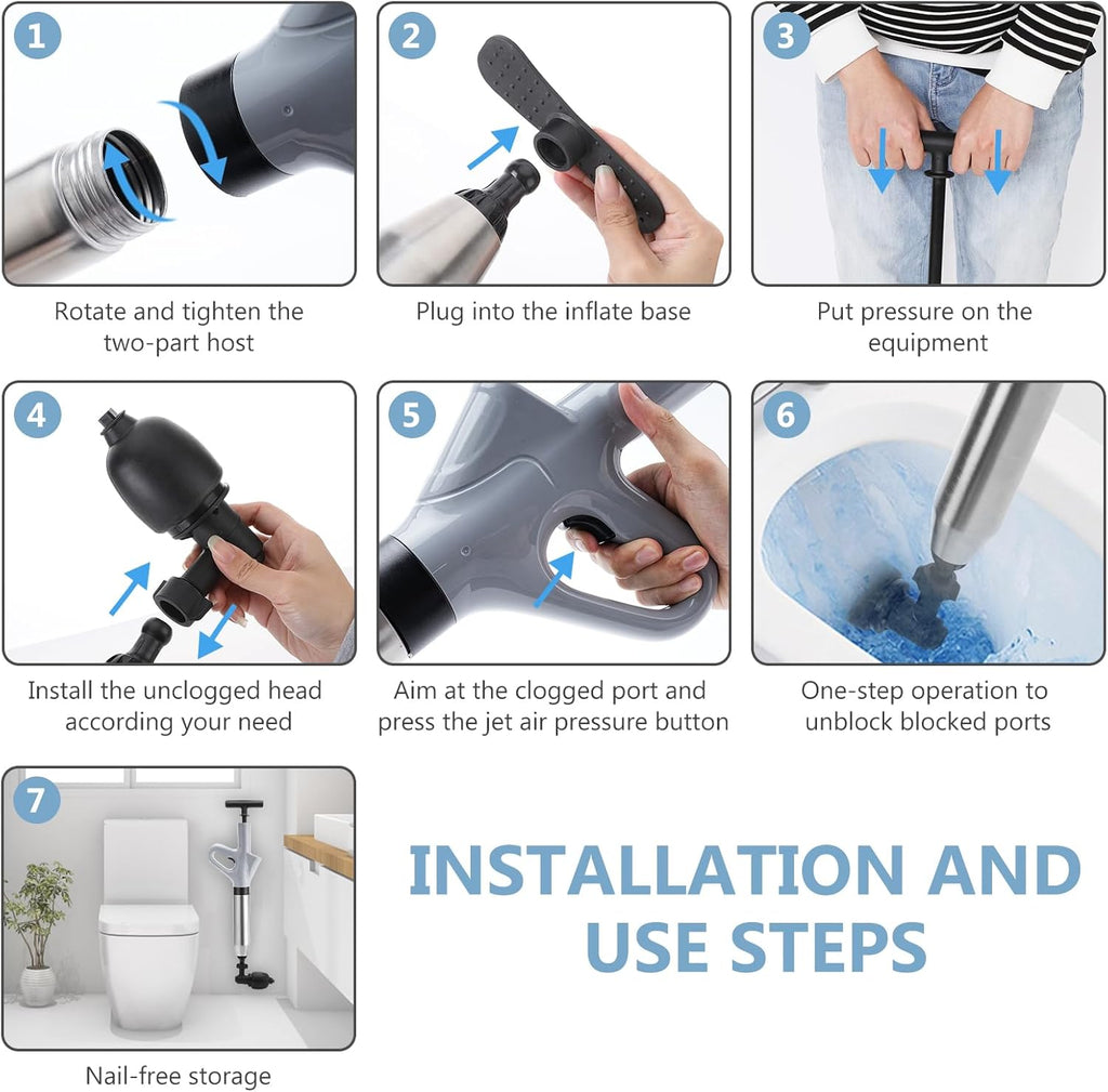 Air Plunger for Drain, High Pressure Air Drain Blaster with Visual Barometer Stainless Steel Toilet Clog Remover Toilet Unclogger Plungers for Bathroom, Toilets, Sink, Kitchen (Gray)