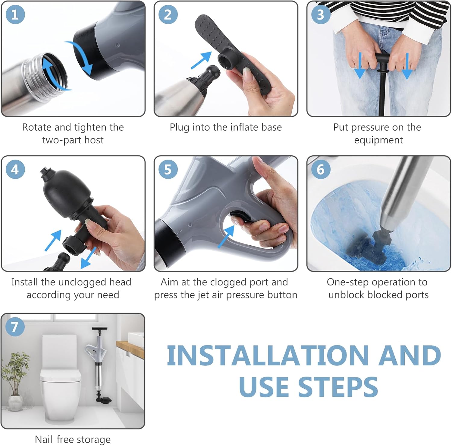 Air Plunger for Drain, High Pressure Air Drain Blaster with Visual Barometer Stainless Steel Toilet Clog Remover Toilet Unclogger Plungers for Bathroom, Toilets, Sink, Kitchen (Gray)