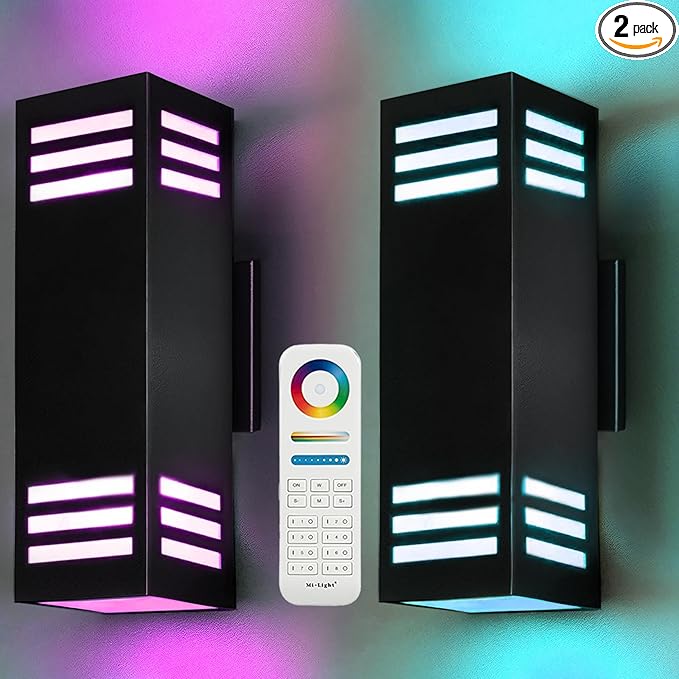 wowlite Up and Down Lights Outdoor Wall Sconce, 1200LM LED Outdoor Light Fixtures Wall Mount Exterior Lights for House, Smart RGBCW Black IP65 Waterproof Porch Lights Works with Remote and App Via Hub