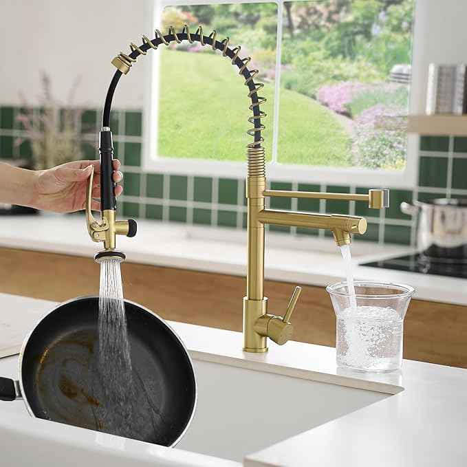 Brushed Gold Kitchen Faucet with Pull Down Sprayer, Commercial Brass Kitchen Faucet Single Handle Spring Faucets for Kitchen Sink Fapully