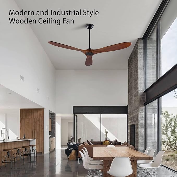 60 Inch Ceiling Fans Without Light, Solid Wood Ceiling Fan No Light with Remote and 3 Wood Blades,6 Speed Quiet DC Motor Indoor Outdoor Ceiling Fans for Patio, Living Room, Bedroom