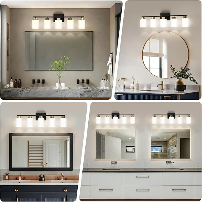 Black and Gold Bathroom Light Fixtures, 5-Light Modern Vanity Light Over Mirror, Wall Sconces with Milky White Frosted Glass Shades, E26 Socket (Bulbs Not Included)