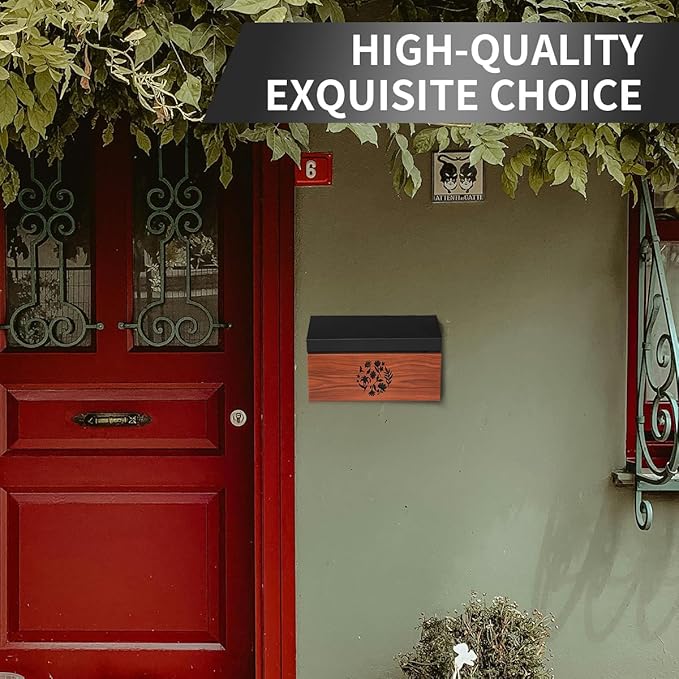 Wall Mount Mailbox, Large Capacity Mailbox for House Outside with Flag Kit Galvanized Steel Rust-Proof Metal Post Drop Box, 15.74"×9.84"×4.33" Flower Hollowed Wooden Patterned Metal Sheet
