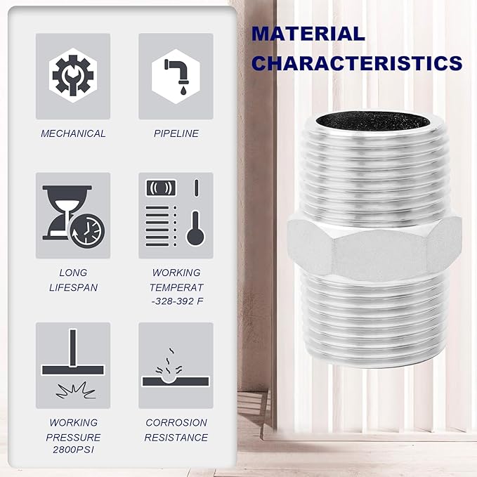 ChillWaves 304 Stainless Steel Pipe Fitting, Hex Nipple 1" NPT Male x 1" NPT Male Thread Adapter(3-PACK)