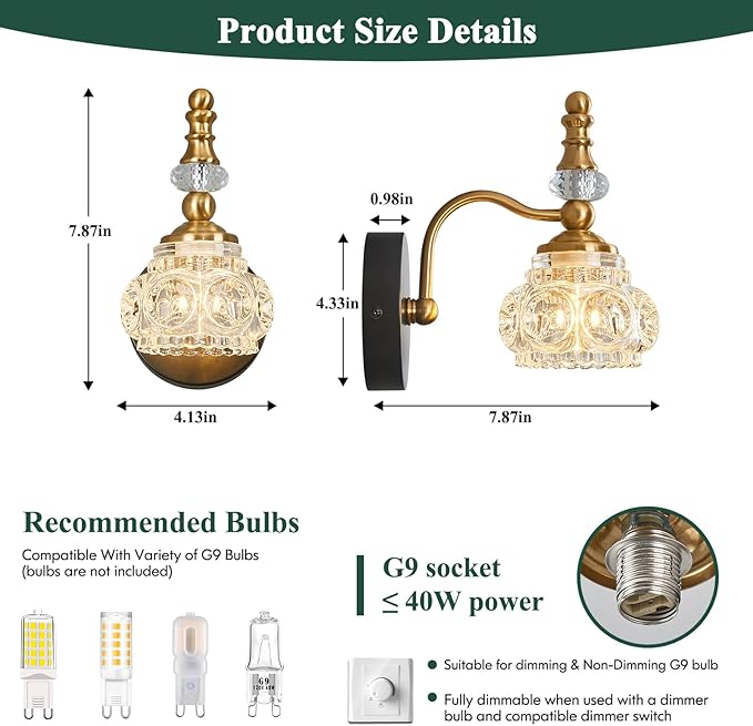 Modern Wall Sconces Set of Two Black Gold Vintage Indoor Glass Wall Lamp Bathroom Vanity Light Fixture Wall Mounted Room Sconce Wall Lighting