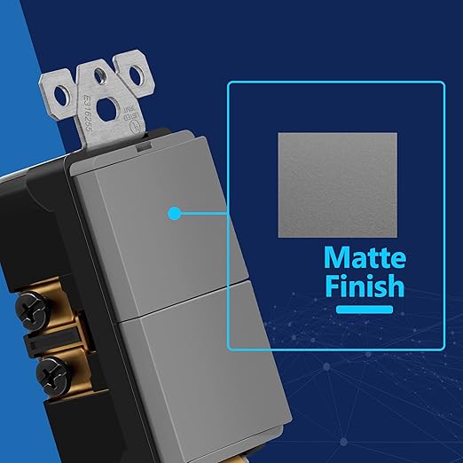 LIDER Matte Finish Lighted Double Switch with Screwless Wall Plate, Combination Frameless Decorator Switch with Locator Light, Ground Terminal Single Pole, 15A 120V, UL Listed, Gray, 2 Pack
