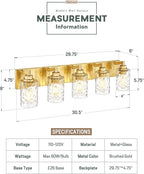 5-Light Bathroom Light Fixtures, 30 Inch Brushed Gold Vanity Lights with Clear Hammered Glass Cylinder Shade, Modern Vanity Lighting Fixture Over Mirror, VL198-BG-5
