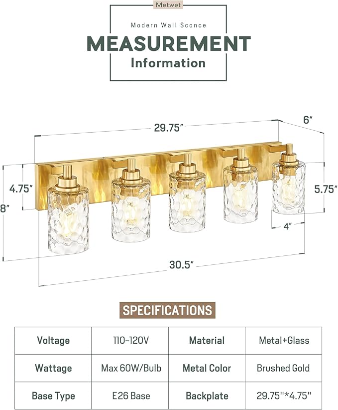 5-Light Bathroom Light Fixtures, 30 Inch Brushed Gold Vanity Lights with Clear Hammered Glass Cylinder Shade, Modern Vanity Lighting Fixture Over Mirror, VL198-BG-5