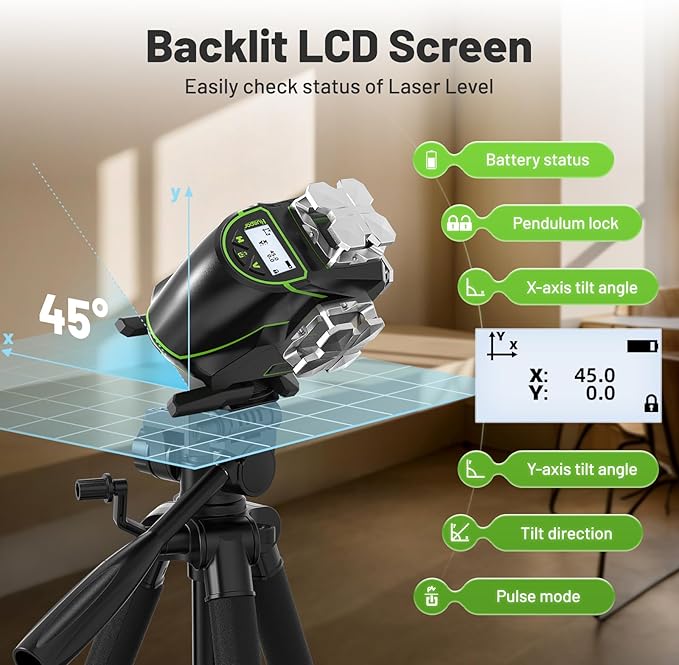 Huepar Laser Level 360 Self Leveling, 4x360° Green 4D Cross Line Laser with LCD Screen, Bluetooth Outdoor Pulse Mode Laser Tool for Construction -Remote Control, Li-ion Battery or 4 AA Batteries-S04CG