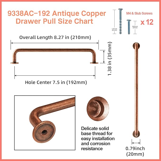 Goo-Ki 6 Pack Antique Copper Cabinet Pull Dark Copper Drawer Handles, 7.56 inch(192mm) c-c Solid Vintage Copper Bar Pulls Red Bronze Kitchen Hardware for Dresser Wardrobe Cupboard, 9338AC-192