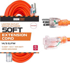 Iron Forge Cable Weatherproof 50 Ft Outdoor Extension Cord - 14/3 SJTW 15 Amp Heavy Duty Orange Extension Cord 3 Prong - Lighted End