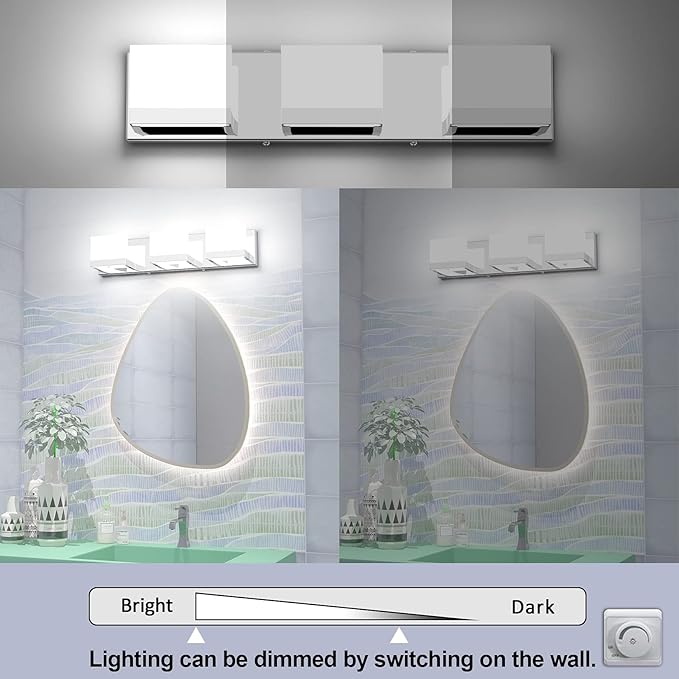 Tipace 3 Lights Dimmable LED Modern Vanity Lights for Bathroom, Chrome Bathroom Wall Light Fixtures Over Mirror (White Light 6000K)