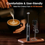 Milk Frother Handheld with Stand,Rechargeable Coffee Frother Wand with 3 Detachable Stainless Steel Whisk Heads, Hand Electric Mixer for Latte, Cappuccino,Matcha,Protein（Black）