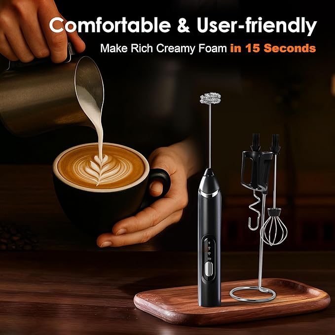 Milk Frother Handheld with Stand,Rechargeable Coffee Frother Wand with 3 Detachable Stainless Steel Whisk Heads, Hand Electric Mixer for Latte, Cappuccino,Matcha,Protein（Black）