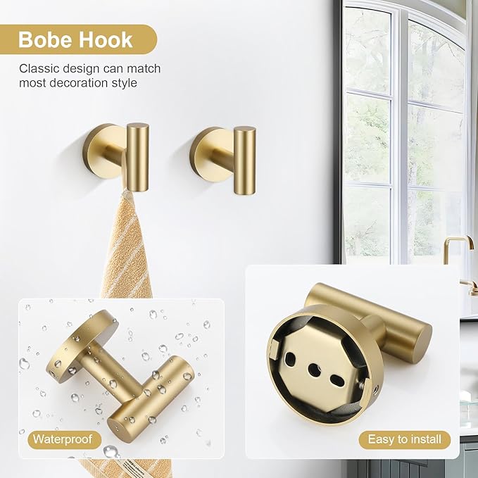 TQKAG 8-Pieces Bathroom Hardware Set Brushed Gold SUS304 Stainless Steel Bath Towel Bar Set 23.6 Inch Round Bathroom Accessories Kit Wall Mounted