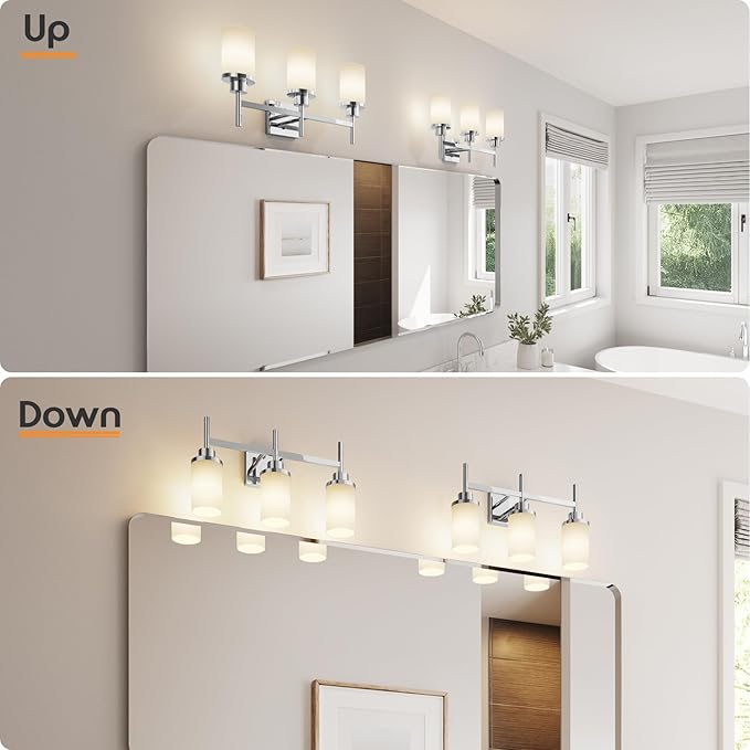 Bathrom Light Fixtures Polished Chrome 3 Vanity Lights with White Frosted Glass Shade, Wall Lamps Over Mirror for Bath Washroom Bedrom T001CH-L3