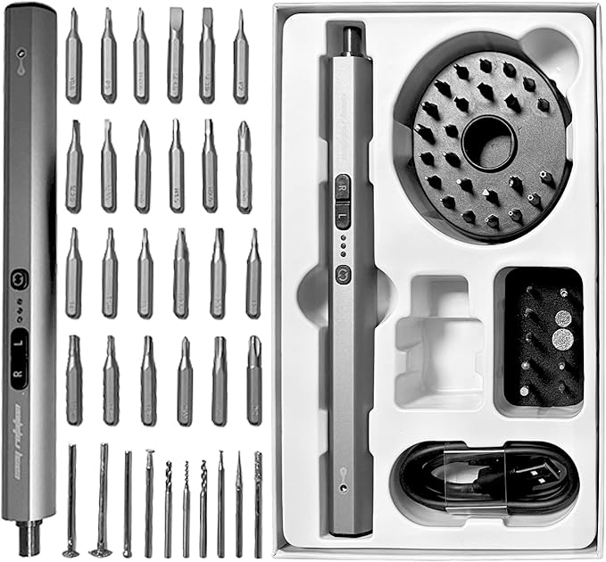 Precision Electric Screwdriver Kit, Mini Cordless Electric Rotary Drill Tool Set with Led Light 3 Torque 34 Magnetic Bits, for Repair, Sanding, Polishing, Drilling, Carving, DIY Crafts