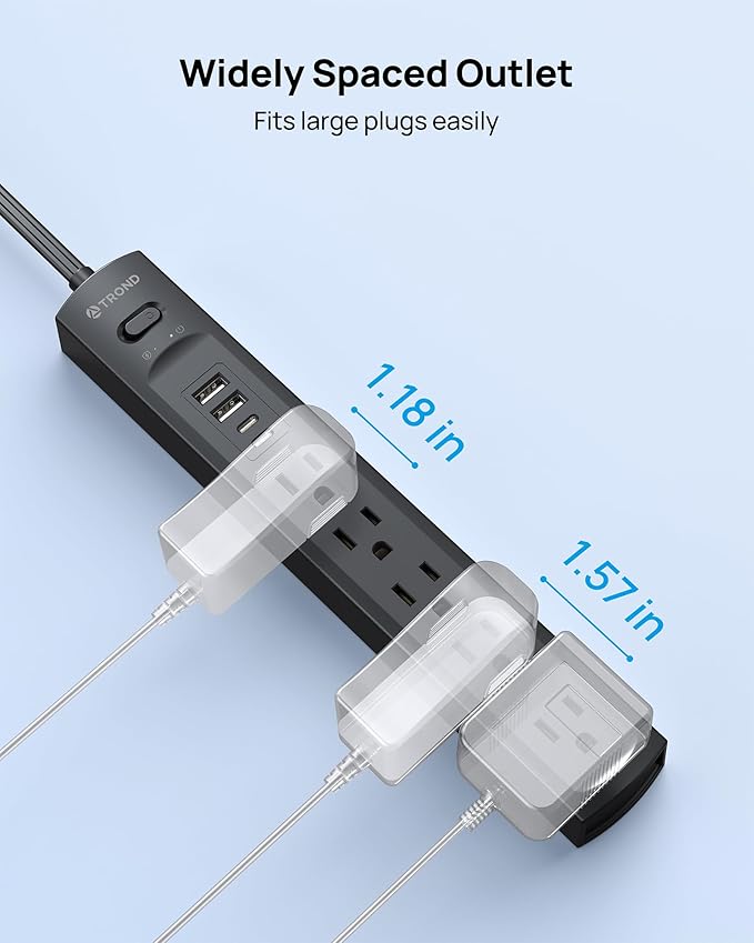 TROND Surge Protector Power Strip with 360° Rotating Flat Plug, 5 Widely Spaced Outlets with 2 USB C and 2 USB A, 1440J Surge Protector, Wall Mountable, Extension Cord 3ft for Home Office Dorm, Black
