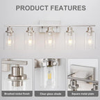 5 Light Bathroom Light Fixtures Brushed Nickel Vanity Light Over Mirror Modern Farmhouse Wall Lighting Sconces Wall Lamp for Bathroom, Bedroom, Living Room E26 Socket with Glass Shade