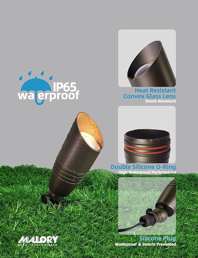 MALORY Brass Landscape Spot Lights 1-Pack Without Bulb(S02), Low Voltage 12V AC/DC Outdoor Spotlights for Yard,Landscape Lighting for Garden and Patio,PVC Ground Stake and Wire Connector Included
