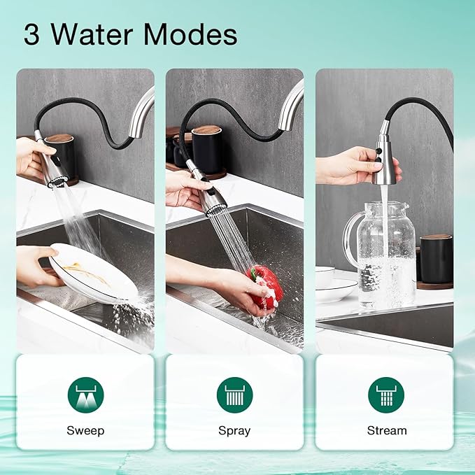 CREA Kitchen Sink Faucet,Pull Down Kitchen Faucets with Sprayer 3 Modes,Brushed Nickel Uitility Laundry Faucet Single Hole Bar Sink Faucet 360°Swivel High Arc Commercial RV Faucet Stainless Steel