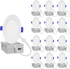 LAMPHOME 12-Pack of 4-Inch Slim LED Recessed Lights with Junction Box, Adjustable Color Temperatures (2700K-5000K), 9W Equivalent to 75W, Dimmable, 950LM Brightness - ETL and Energy Star Certified