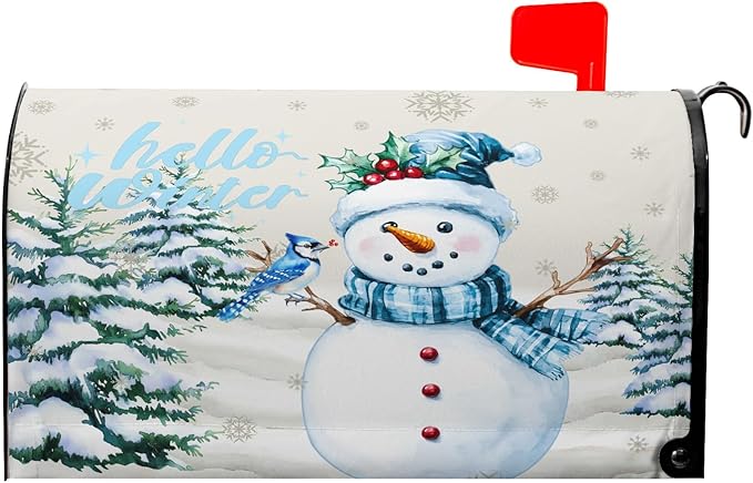 Hello Winter Snowman Mailbox Cover Magnetic Standard Size 18 X 21 Christmas Snow Pine Tree Post Letter Box Wrap Covers for Garden Yard Outdoor Xmas Decor