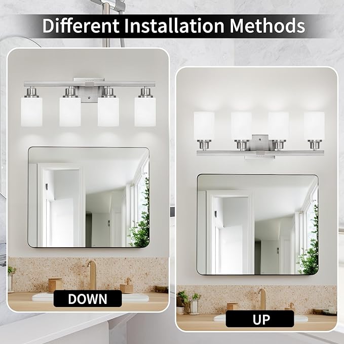 Bathroom Vanity Light, 4-Light Nickel Modern Bathroom Light Fixtures with Milky White Glass Shade, Wall Lights,Bath Vintage Wall Mounted Lamps for Mirror Bedroom Living Room Hallway Cabinet